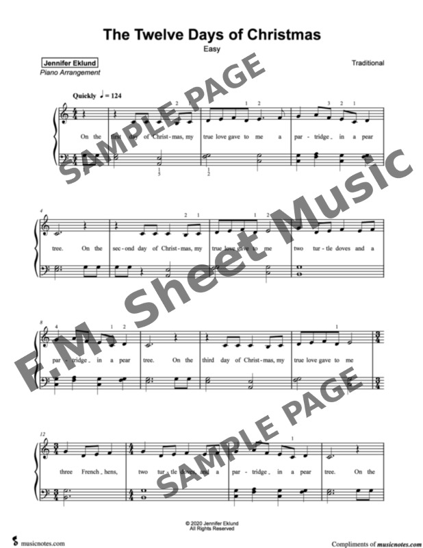 The Twelve Days of Christmas (Easy Piano) By - F.M. Sheet Music - Pop ...