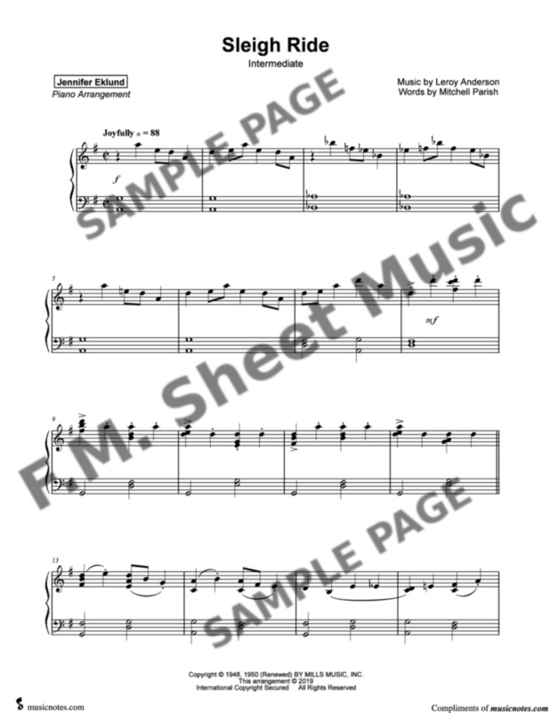 Sleigh Ride (Intermediate Piano) By Johnny Mathis - F.M. Sheet Music ...