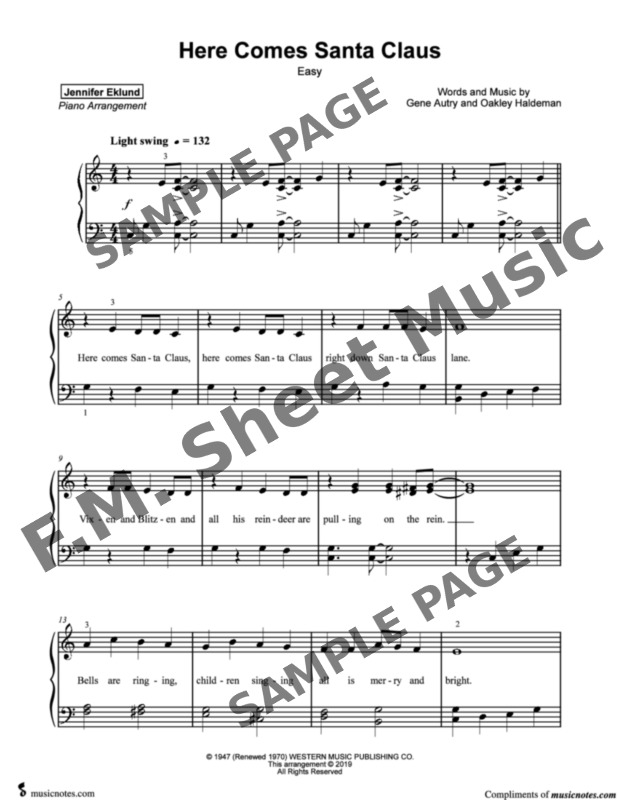 Here Comes Santa Claus (Easy Piano) By Gene Autry - F.M. Sheet Music ...