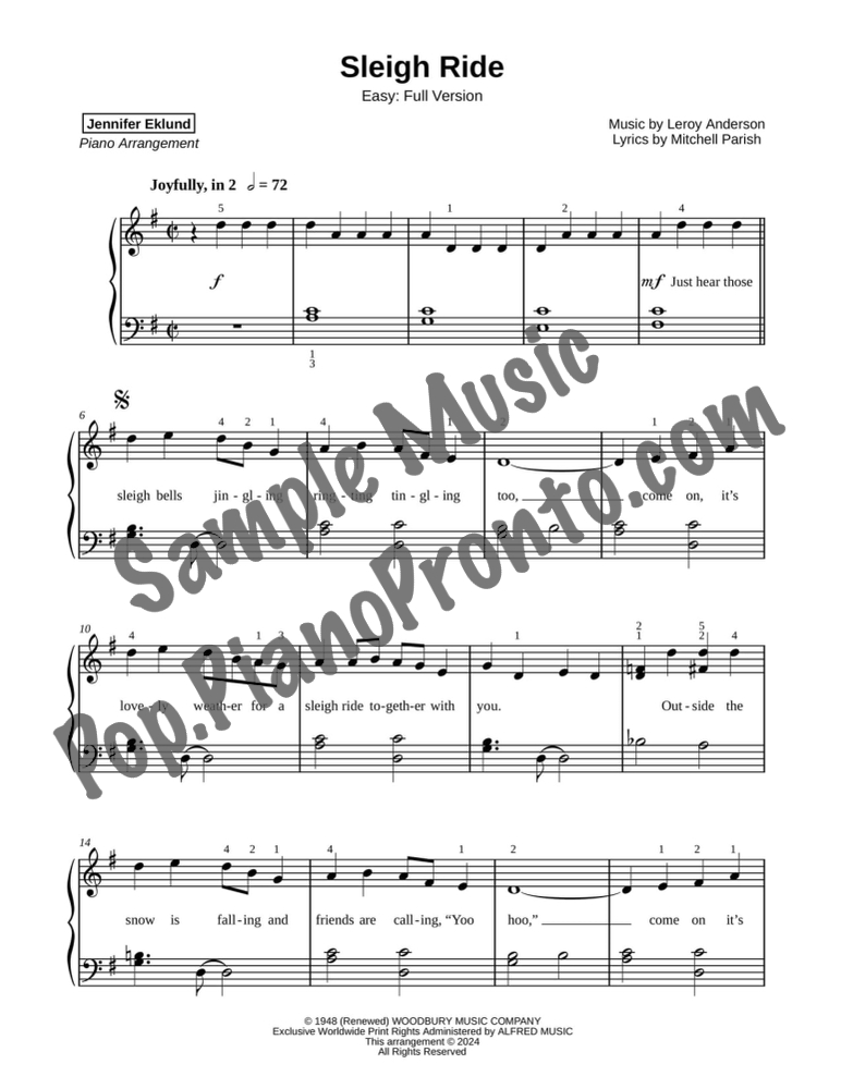 Sleigh Ride (Easy Piano: Full Version) By Johnny Mathis - F.M. Sheet ...