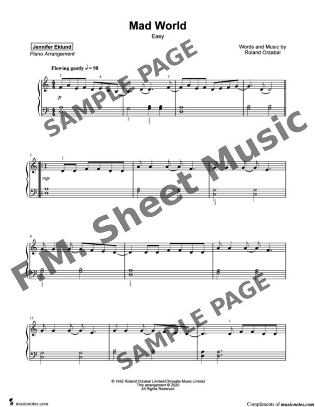 Mad World (Intermediate Piano) By Gary Jules, Tears for Fears - F.M. Sheet  Music - Pop Arrangements by Jennifer Eklund