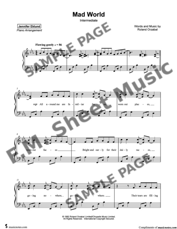 Mad World (Intermediate Piano) By Gary Jules, Tears for Fears - F.M. Sheet  Music - Pop Arrangements by Jennifer Eklund