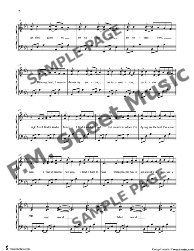 Mad World (Intermediate Piano) By Gary Jules, Tears for Fears - F.M. Sheet  Music - Pop Arrangements by Jennifer Eklund