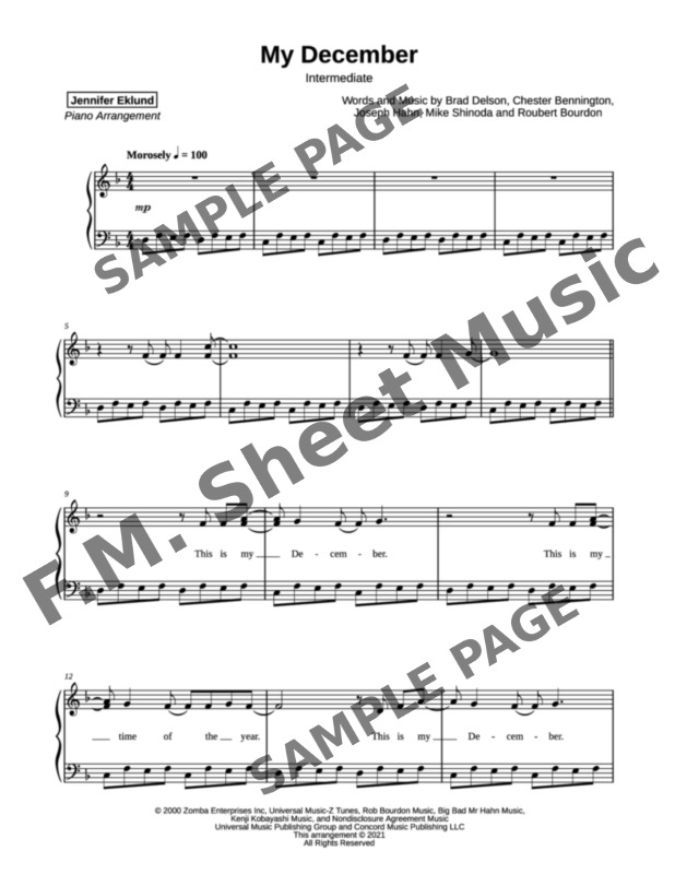 My December (Intermediate Piano) By Linkin Park - F.M. Sheet Music ...