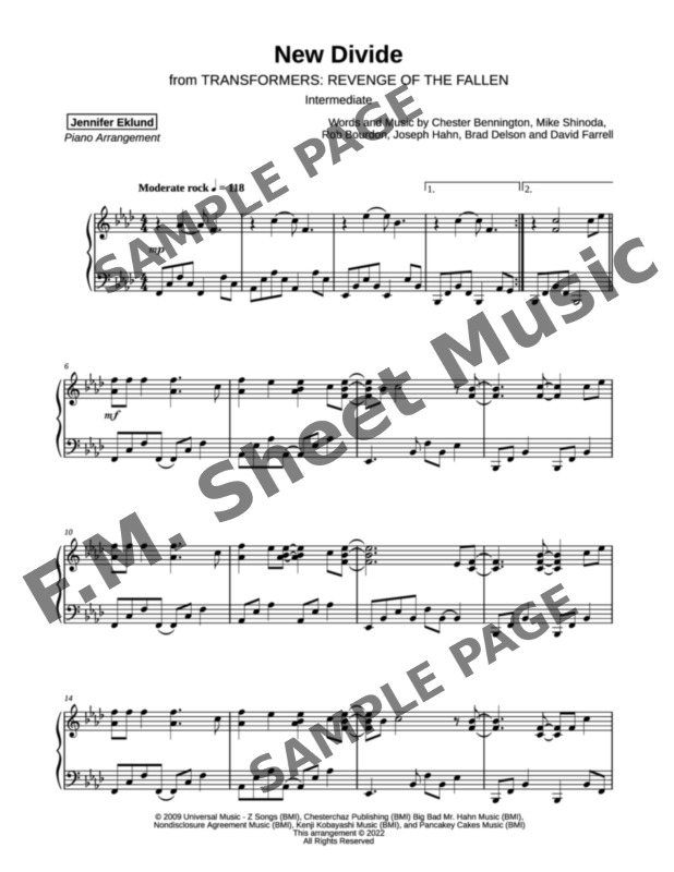 New Divide (Intermediate Piano) By Linkin Park - F.M. Sheet Music - Pop ...