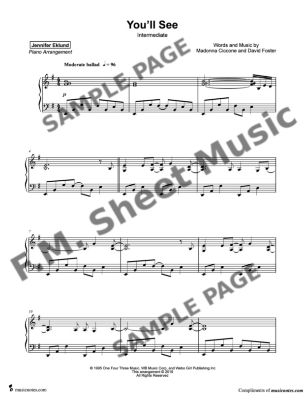You'll See (Intermediate Piano) By Madonna - F.M. Sheet Music - Pop ...