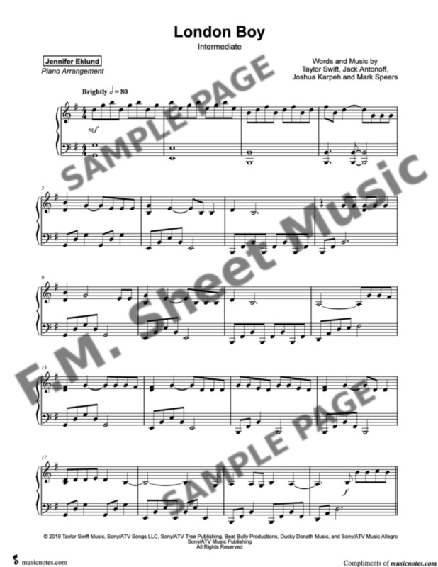 London Boy Intermediate Piano By Taylor Swift Fm Sheet