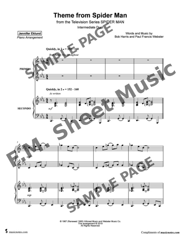 Spider Man Theme Intermediate Piano Duet By Michael Buble F M Sheet Music Pop Arrangements By Jennifer Eklund