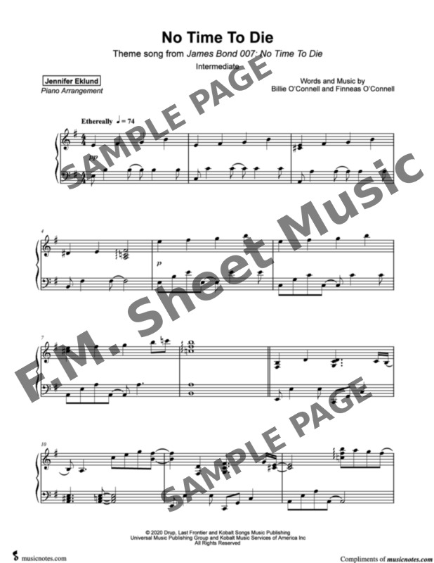 No Time To Die Intermediate Piano By Billie Eilish F M Sheet Music Pop Arrangements By Jennifer Eklund - bury a friend roblox piano