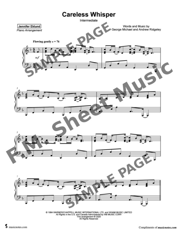 Careless Whisper Intermediate Piano By George Michael F M Sheet Music Pop Arrangements By Jennifer Eklund