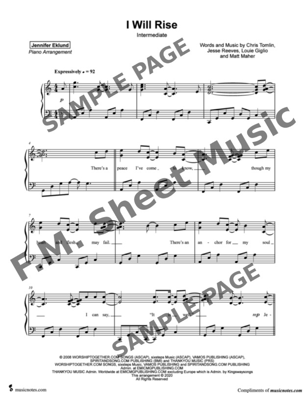 I Will Rise (Intermediate Piano) By Chris Tomlin - F.M. Sheet Music ...