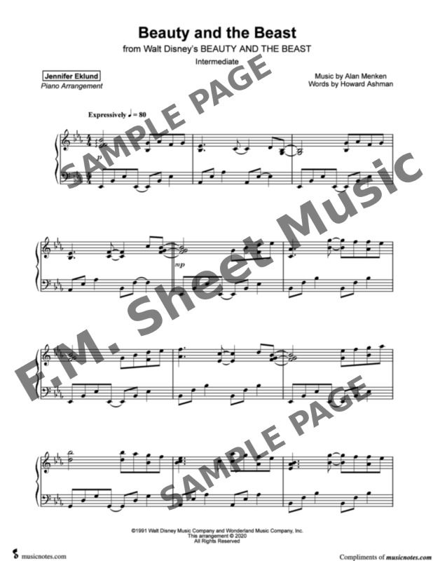 Beauty and the Beast (Intermediate Piano) By Alan Menken - F.M. Sheet ...