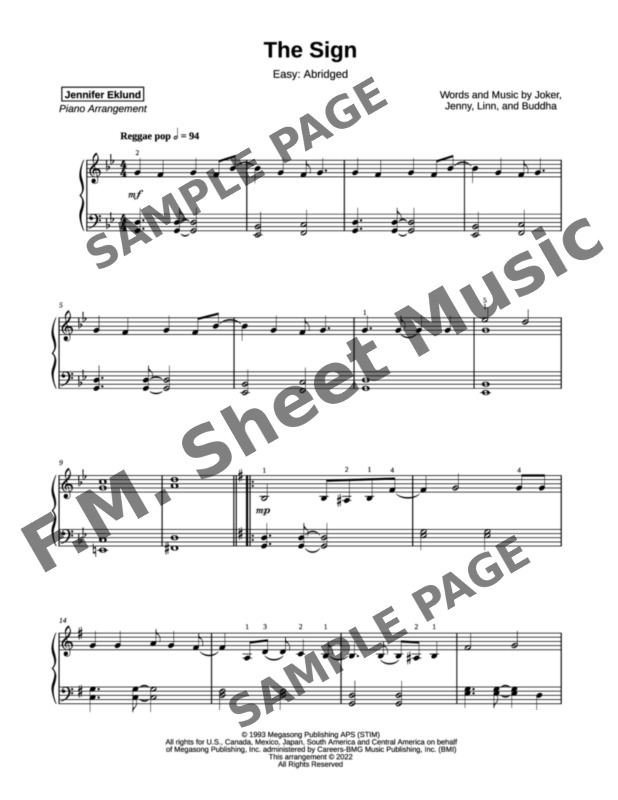 The Sign (Easy Piano) By Ace of Base - F.M. Sheet Music - Pop ...