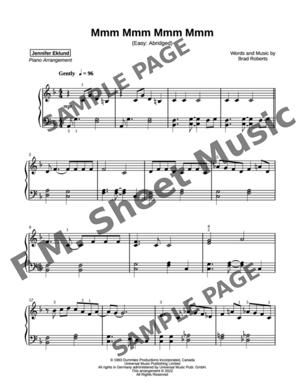 Mmm Mmm Mmm Mmm (Easy Piano) By Crash Test Dummies - F.M. Sheet Music ...