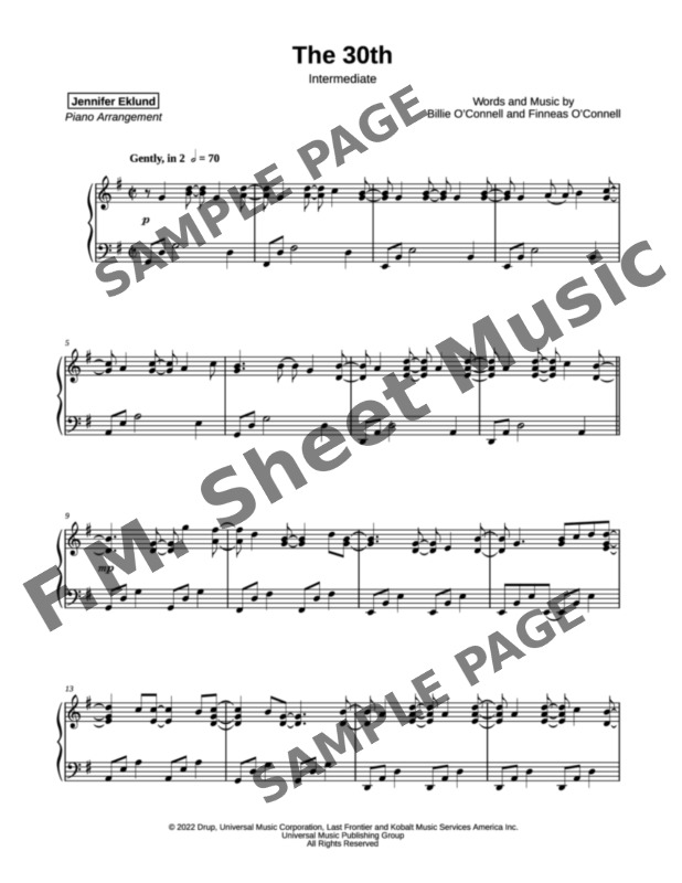 The 30th (Intermediate Piano) By Billie Eilish - F.M. Sheet Music - Pop ...