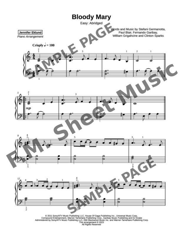 Bloody Mary (Easy Piano) By Lady Gaga - F.M. Sheet Music - Pop ...