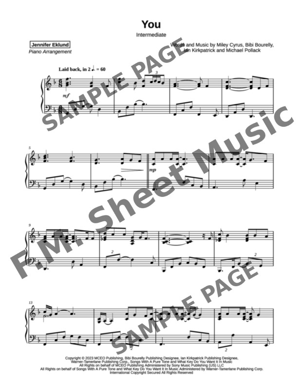 You (Intermediate Piano) By Miley Cyrus - F.M. Sheet Music - Pop ...