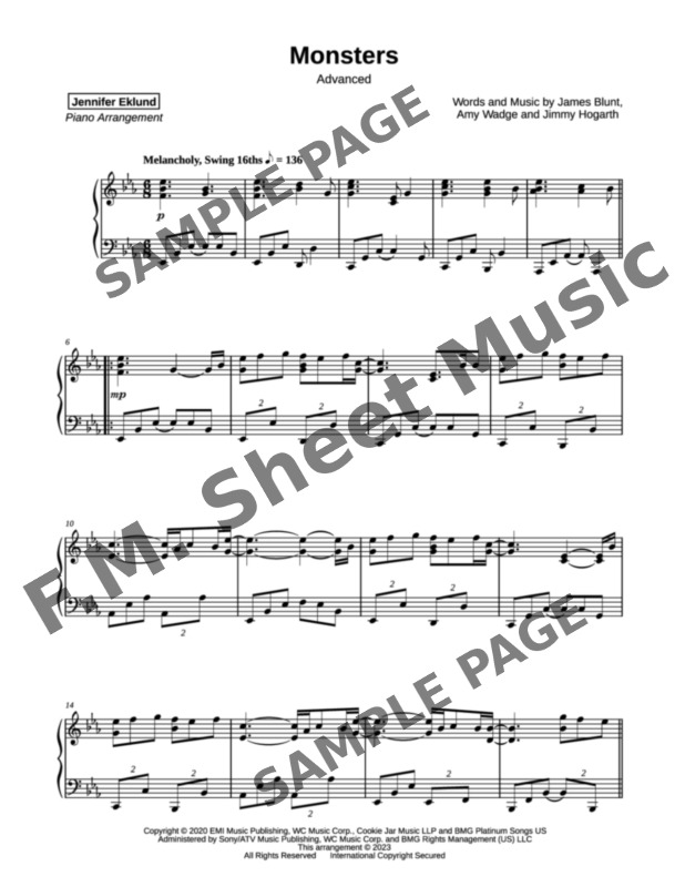 James Blunt Monsters Sheet Music in Eb Major (transposable) - Download &  Print - SKU: MN0207798