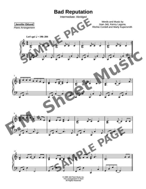 Bad Reputation (Intermediate Piano) By Joan Jett - F.M. Sheet Music ...