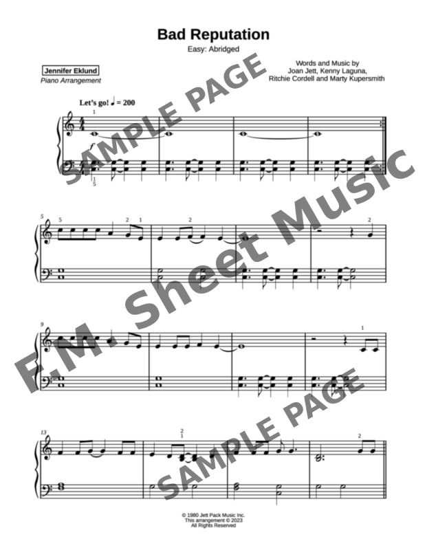 Bad Reputation (Easy Piano) By Joan Jett - F.M. Sheet Music - Pop ...