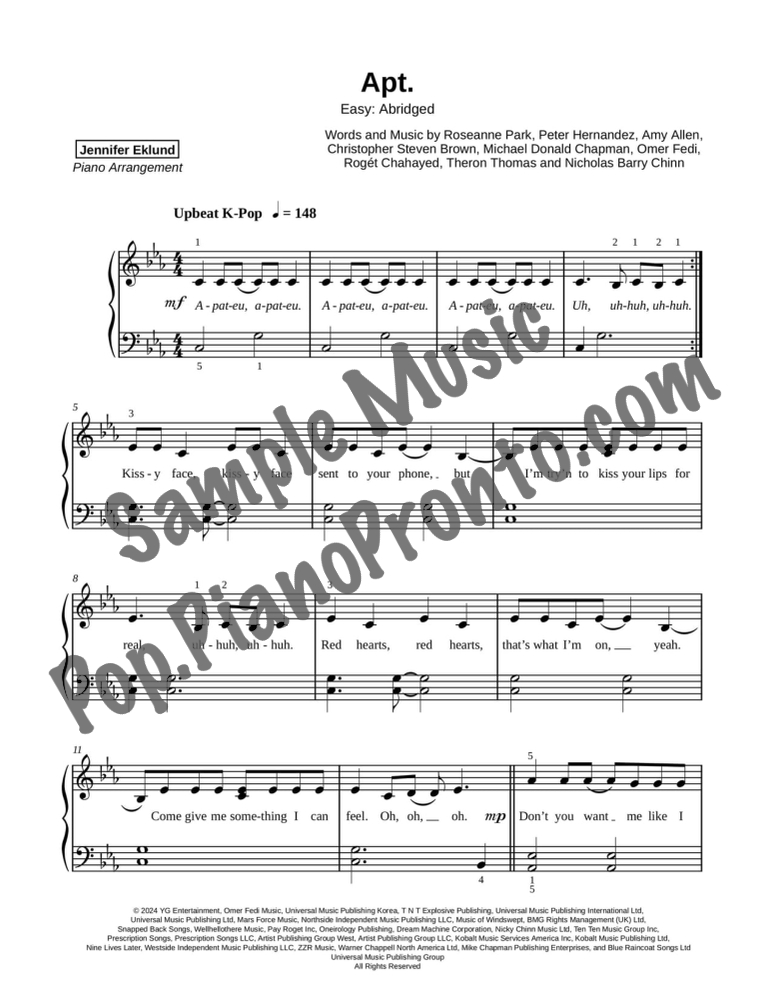 Apt. (Easy Piano: Abridged) By Rosé, Bruno Mars - F.M. Sheet Music ...