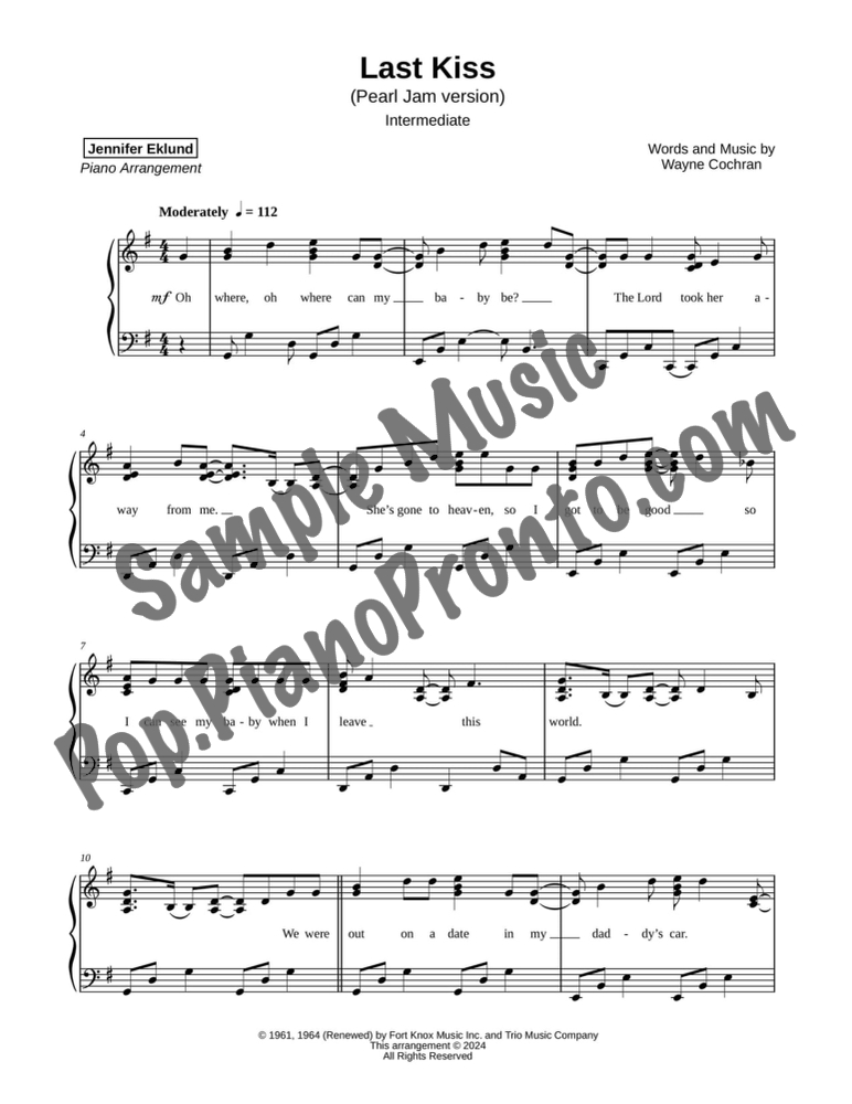 Last Kiss (Intermediate Piano) By Pearl Jam - F.M. Sheet Music - Pop ...