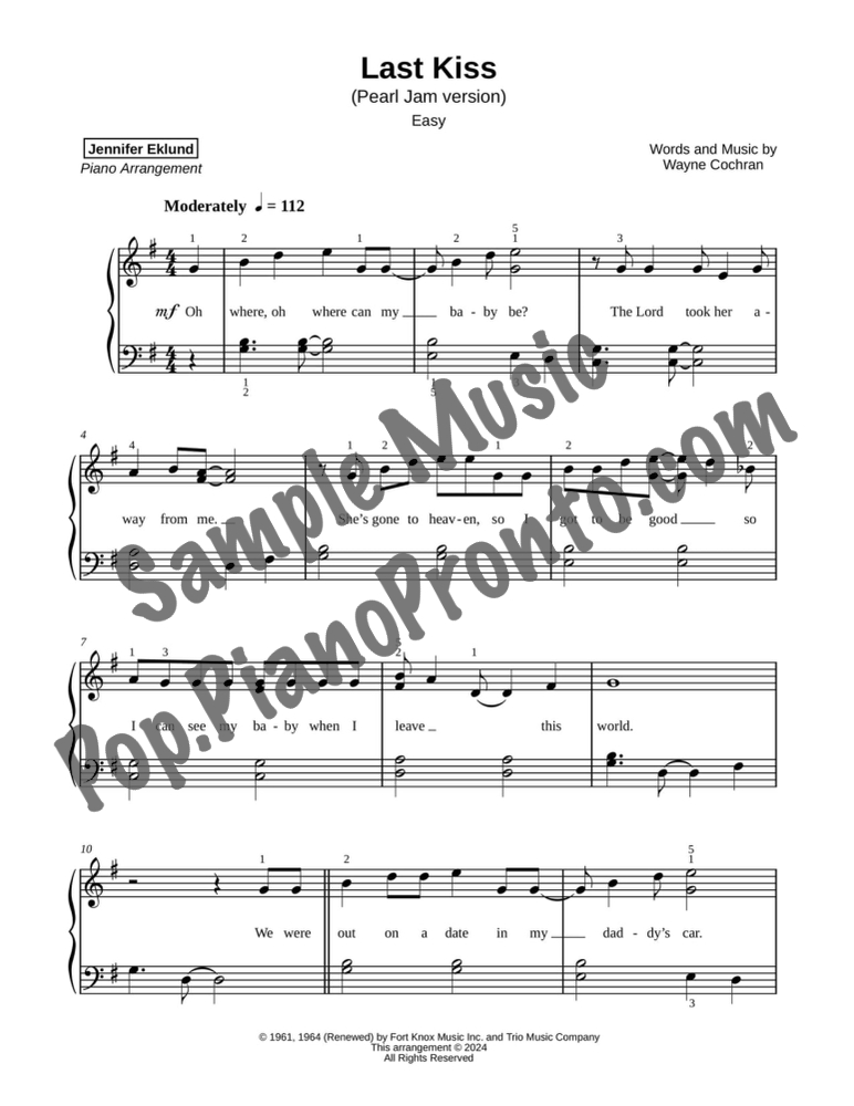 Last Kiss (Easy Piano) By Pearl Jam - F.M. Sheet Music - Pop ...