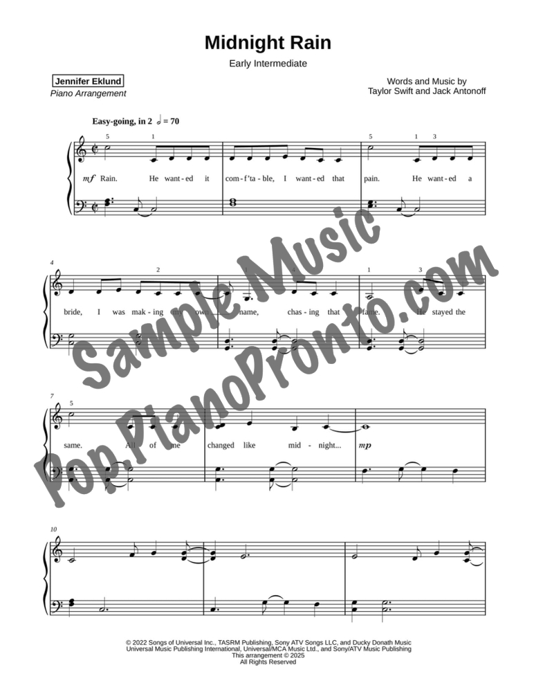 Midnight Rain (Early Intermediate Piano) By Taylor Swift - F.M. Sheet ...