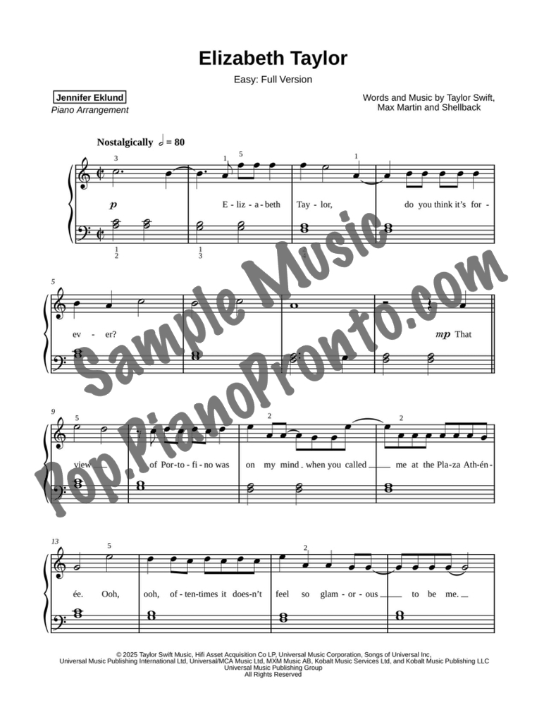 Elizabeth Taylor (Easy Piano) By Taylor Swift - F.M. Sheet Music - Pop ...